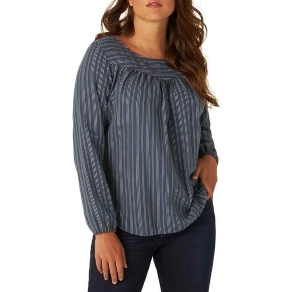 Lee Shape Illusions‎ Women's Long Sleeve Navy Blue Striped Pleated Blouse Size L
